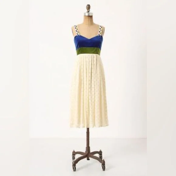 Anthropologie Madchen Velvet Bodice Flocked Silk Dress Cotton Medieval